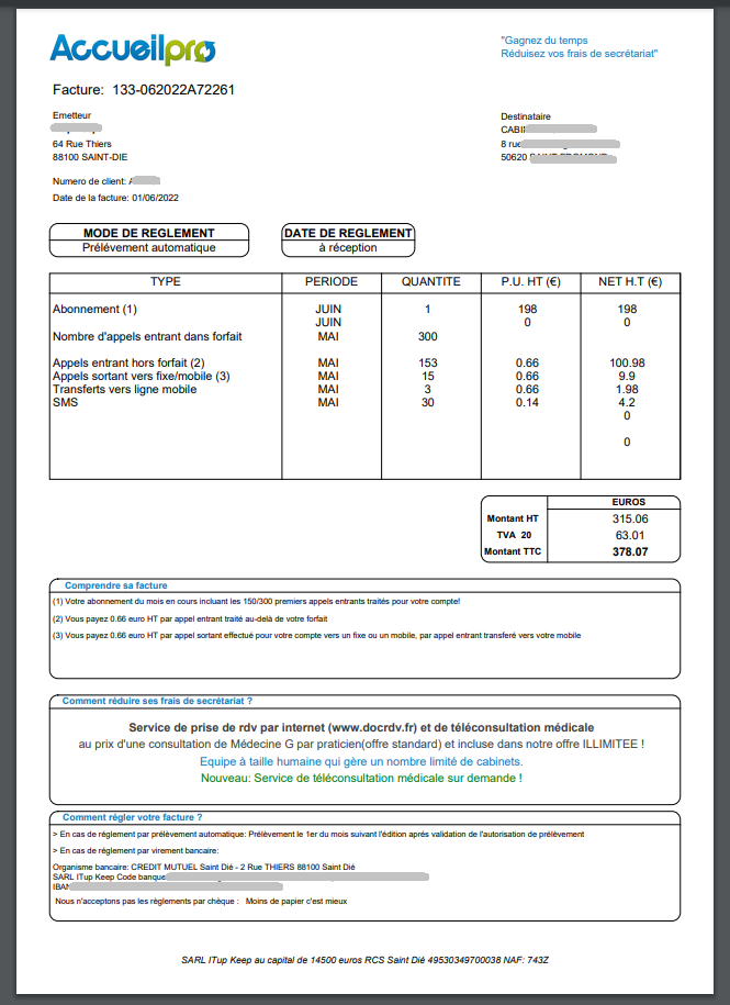 Exemple de facture Accueilpro offre standard